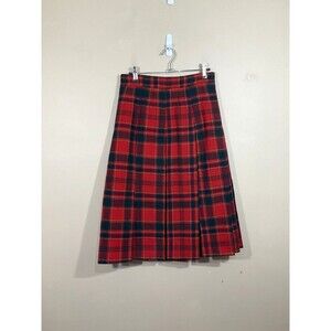 Vintage Womens Handmade Pleated Plaid Midi Skirt S Red Academia Preppy Holidays
